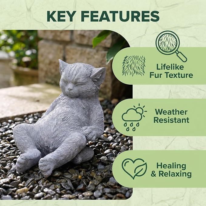 Cat Garden Statue Outdoor Decor, Pet Memorial Stone，Sleeping Cat Statue， Resin Cat Figurine Garden Sculpture Patio Decor,Headstones for Cats or Thoughtful Sympathy Gift,9.8" L x 5.9" W x 6.7" H