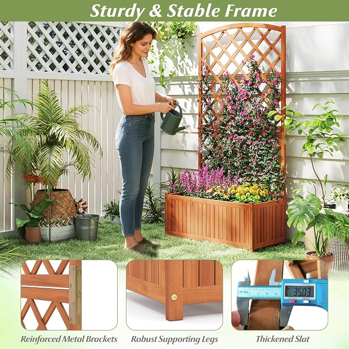 Giantex Solid Acacia Wood Planter Box with Trellis, 63" Set of 2 Raised Garden Bed with Trellis, Plant Box, Slat Base, Outdoor Privacy Planter for Vine Climbing Plants Flowers, Garden, Patio, Balcony