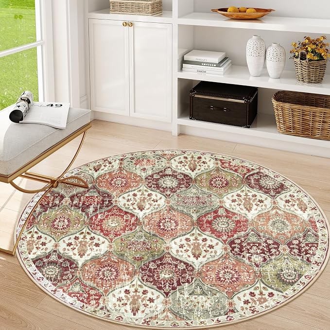 Lahome Moroccan Washable Round Area Rug, Soft Round Rugs 6ft Ultra-Thin | Non-Slip Trellis Vintage Large Circle Carpet for Bedroom Living Room Kitchen Nursery Elise, Orange Terracotta
