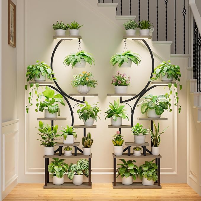 BACEKOLL Plant Stand Indoor with Grow Light - 2 Pack Tall Indoor Plant Shelf, 62" Corner Plant Holder, 8 Tiered Large S-Shape Flower Multiple Display Shelf for Home, Grey