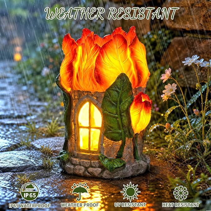 Fairy Garden House with Solar Light,Outdoor Figurine Lights Garden Statues,Yard Decorations Outdoor Fairy Garden Accessories,Decor Gifts for Mom Women (Tulip)