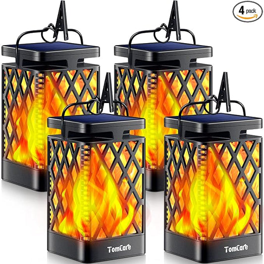 TomCare Solar Lights Outdoor Flickering Flame Solar Lantern Outdoor Waterproof Hanging Lanterns Decorative Lighting LED Flame Lights for Patio Garden, Black 4 Pack