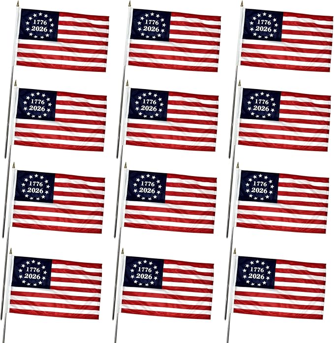 1776 2026 Small American Flag 12x18 Inch on Stick for Outside Yard and Garden, 12 Pack Betsy Ross US Hand Held Flags for 250th Anniversary July 4th Decorations