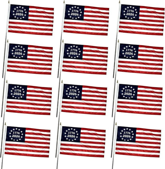 1776 2026 Small American Flag 12x18 Inch on Stick for Outside Yard and Garden, 12 Pack Betsy Ross US Hand Held Flags for 250th Anniversary July 4th Decorations