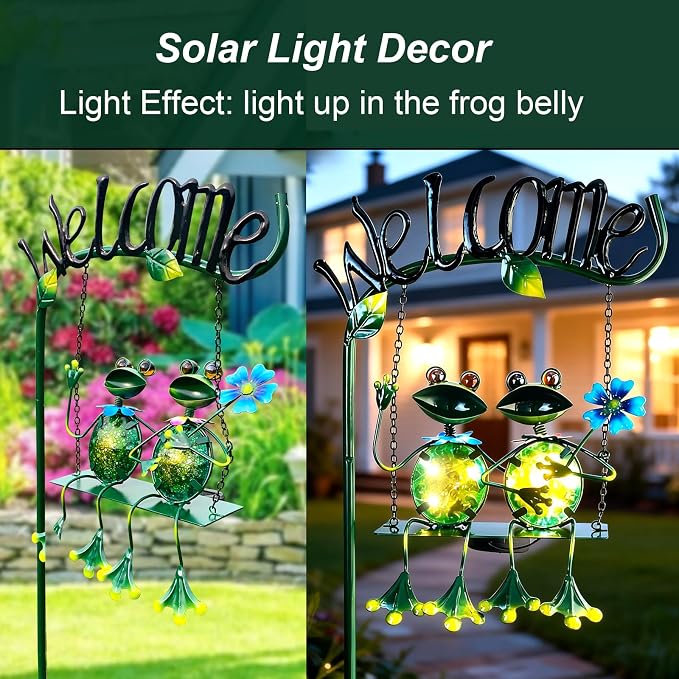 Solar Lights Outdoor Waterproof, Frog Swing Garden Decor, Frog Decorative Stake with Welcome Sign Landscape Patio Yard Gifts for Women Mom (48 inch)