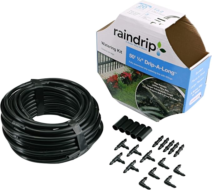 Raindrip R280DT Drip-A-Long1/4 in. Dripline Kit includes 50 feet of 1/4-Inch Dripline preassembled with 1/2 GPH drippers, 5 Barbed Tees, 5 Barbed Elbows, 5 Barbed Couplings, 5 End Plugs
