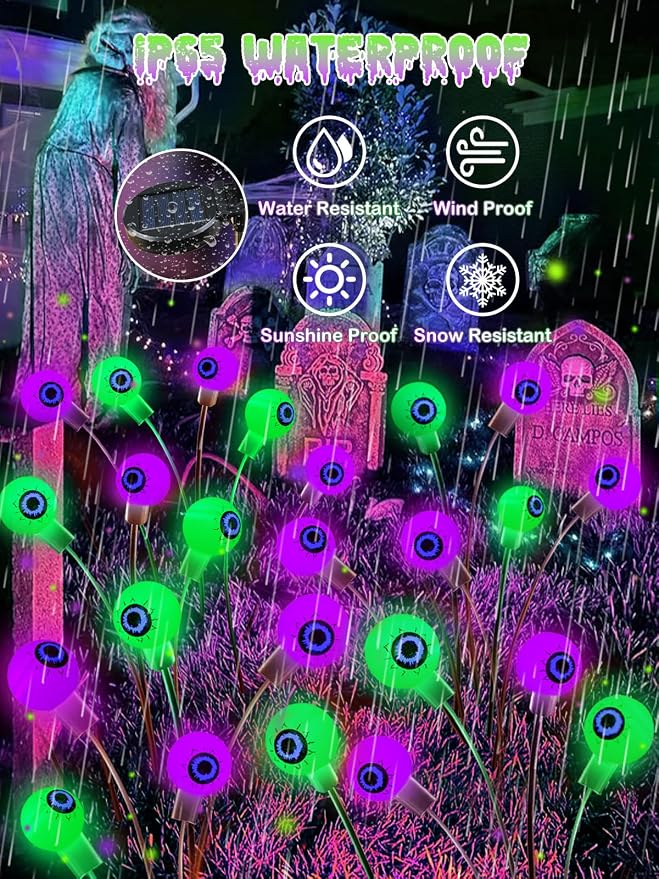 6 Pack Halloween Decorations Outdoor Solar Eyeball Lights, Purple and Green Scary Eyeball Swaying Firefly Lights with 2 Modes, Waterproof Halloween Pathway Lights for Yard Garden Lawn Party Decor