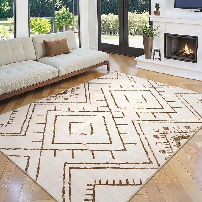 LIVEBOX Western 5x7 Area Rug, Beige Washable Rugs for Living Room Bedroom, Non Slip Moroccan Tribal Rug Low Pile Geometric Soft Boho Area Rugs Diamond Carpet for Dining Room, Nursery Room, Playroom