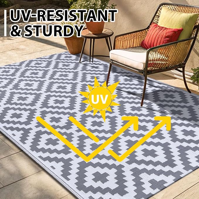 Smiry Waterproof Outdoor Rug 8x10 ft, Reversible Plastic Straw Patio Camping Rugs, Outdoor Indoor RV Mat Carpet for Patio, Outside Entry, Backyard, Deck, Bench, Picnic, Camper, White & Grey