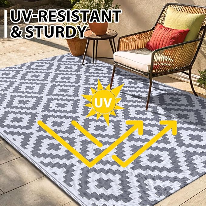 Smiry Waterproof Outdoor Rug 5x8 ft, Reversible Plastic Straw Patio Camping Rugs, Outdoor Indoor RV Mat Carpet for Patio, Outside Entry, Backyard, Deck, Bench, Picnic, Camper, White & Grey