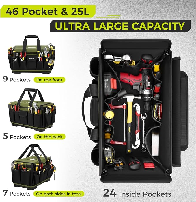 Heavy Duty Tool Bag 16-Inch, 46 Pockets Electrician Tool Bag for men with Hard Bottom & Waterproof Pocket, 1680D Tear-Proof Toolbox Organizer Tool Tote for HVAC Mechanic, Father Day Dad Birthday Gift