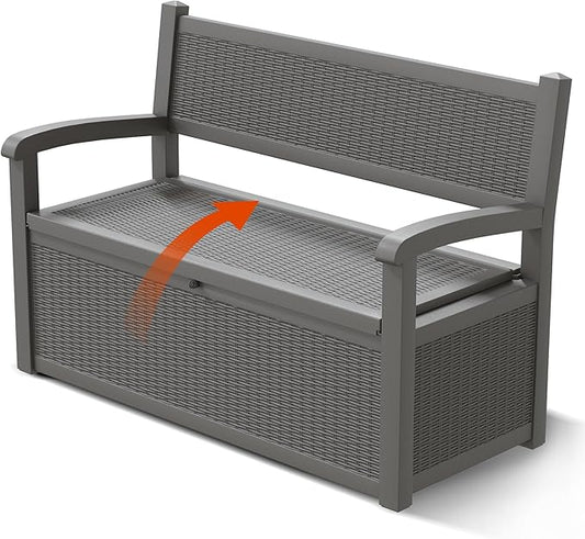80 Gallon Outdoor Storage Bench, Resin Patio Storage Bench with Armrest, Lockable Deck Boxes Outdoor Waterproof and UV Resistant for Patio Cushions, Garden Tools and Pool Supplies, Grey