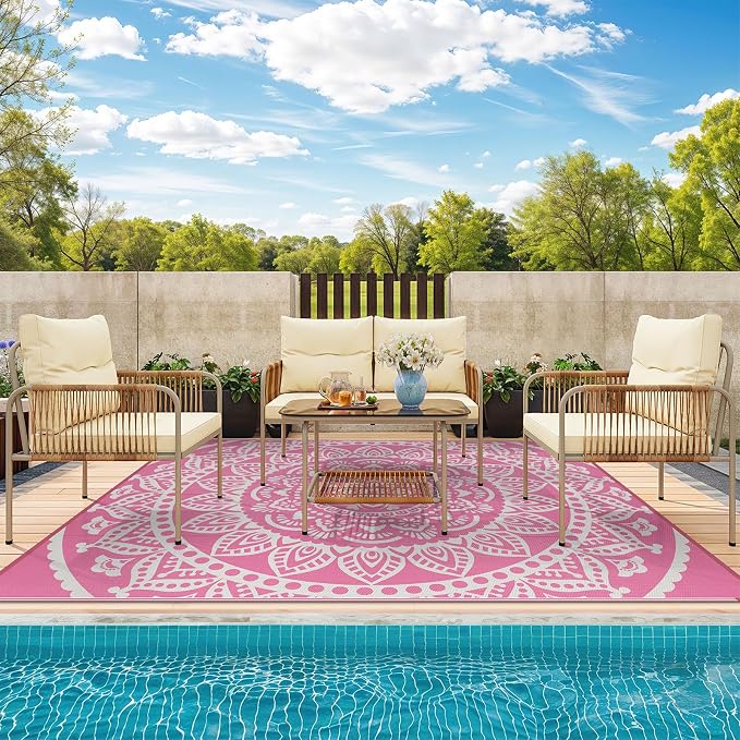 Bsmathom Waterproof Outdoor Rug 8'x10' Reversible Boho Plastic Straw Patio Deck Camping Rugs, Indoor Outdoor Portable RV Mat Clearance Carpet for Outside, Porch, Balcony, Backyard, Beach, Pool,Pink