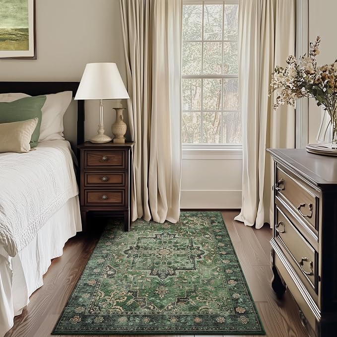 Tranditional Dark Green 4x6 Area Rugs for Living Room, Washable Non Slip Bedroom Bedside Throw Rugs, Vintage Distressed Medallion Printed Low Pile Soft Carpet for Entryway/Home Office/Kitchen