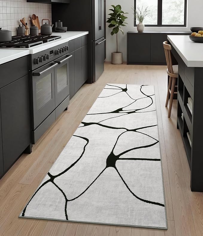 2x6 Washable Modern Black White Kitchen Runner Rug | Ultra-Thin Low Pile, Non-Slip TPE Backing, Soft Stain Resistant, Machine Washable, for Bedroom Livingroom High Traffic