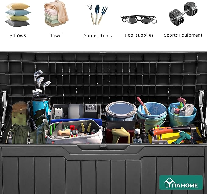 YITAHOME 80 Gallon Outdoor Storage Box, Large Waterproof Resin Deck Box, Indoor Outdoor Lockable Storage Container for Patio, Garden, Cushions, Tools, Equipment (Dark Gray)