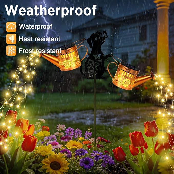 2 Pack Solar Watering Can Lights, Metal Solar Lights Outdoor Decorative with Dog Silhouette Stake, Waterproof Hanging Lantern Garden Decor Light for Outside, Patio, Yard, Birthday Gifts for Women