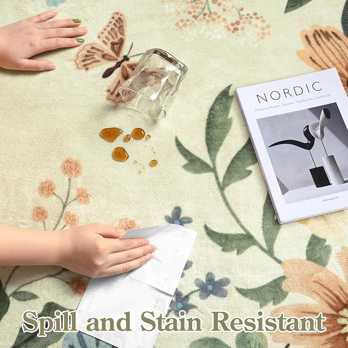 Lahome Floral Bedroom Rug, 4x6 Washable Rugs for Living Room Dining Room | Non Slip Ultra-Thin Stain Resistant Boho Throw Carpet for Office Flore (4x6ft, Beige)