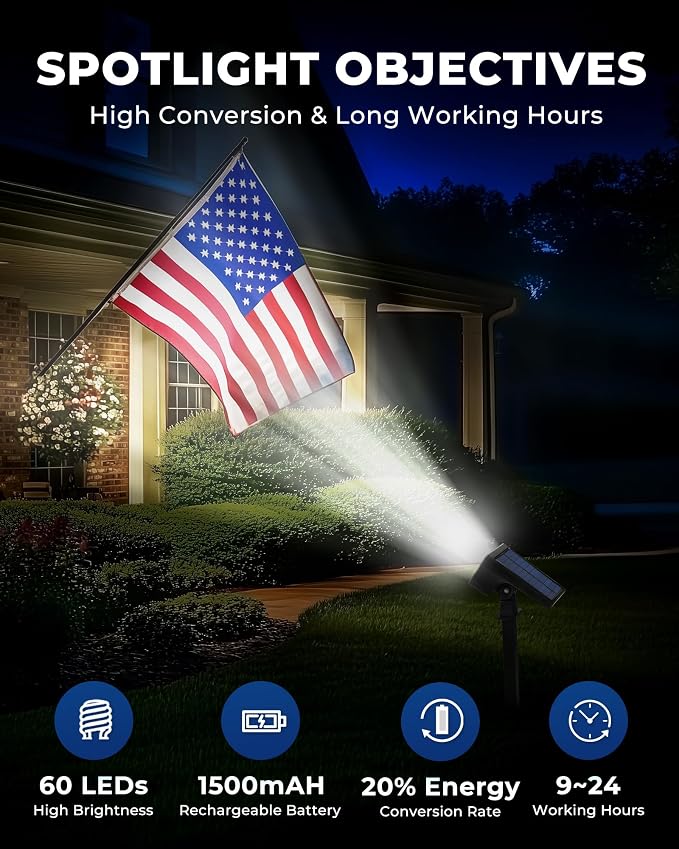 HGGH Solar Lights Outdoor Waterproof IP67, 60 LED 3 Lighting Modes Solar Spot Lights Outdoor for Yard Garden Pathway Landscape, Auto On/Off, Function 2 in 1(Cool White, 4 Pack)