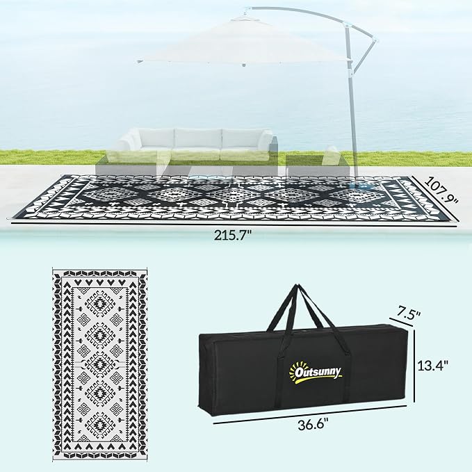 Outsunny Outdoor Rug for Patio, 9' x 18' Waterproof Large Mat, Reversible Plastic Straw Rug for Decor, Portable Outside RV Camping Area Carpet Mat for Backyard Porch Deck Picnic, Black & White Rhombus