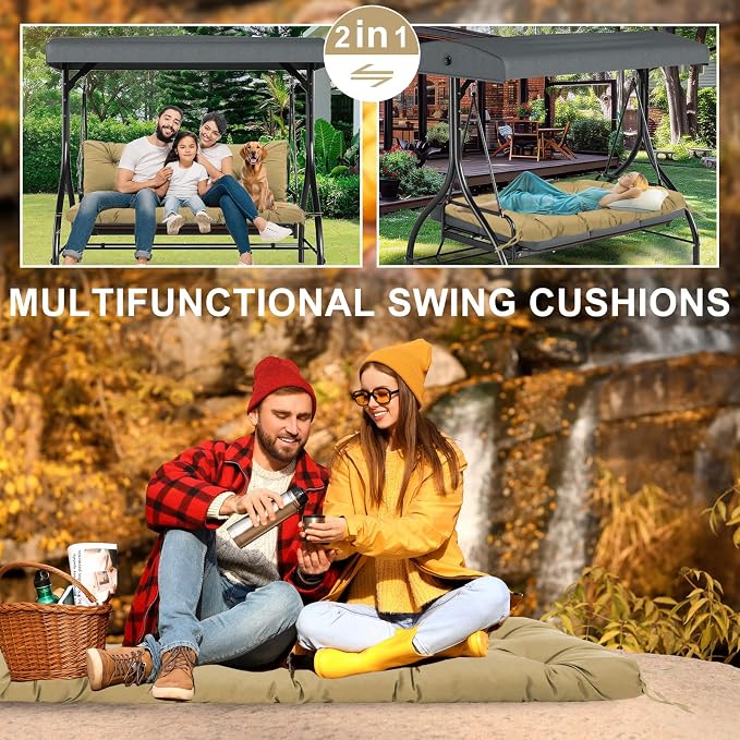 Durable Extra 5" Thick Outdoor Swing Cushions Waterproof 60 inch 3 Seater Replacement Porch Swing Cushions with Backrest Fade-Resistant for Outdoor Patio Long Bench Furniture (Khaki)