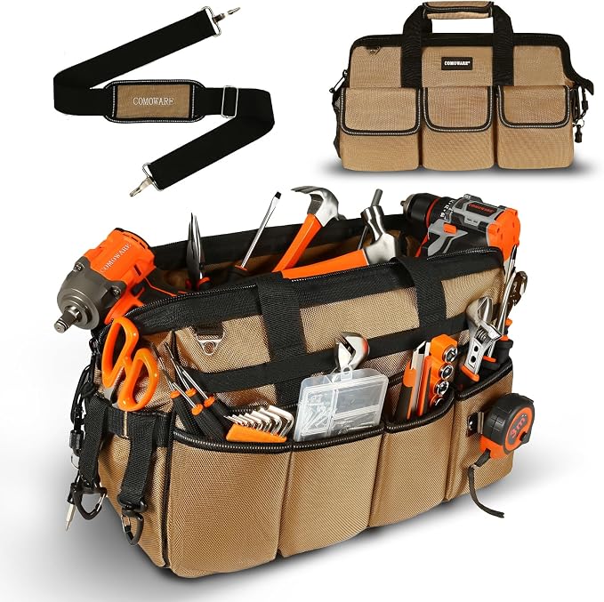 COMOWARE 19-Pocket Tool Bag, Gift for Dad, 16“ Heavy Duty Tool Organizer with Adjustable 51.2" Shoulder Strap, 1680D Oxford Fabric & PVC Coating, Reflective Strips, Tactical Loops, Mechanics
