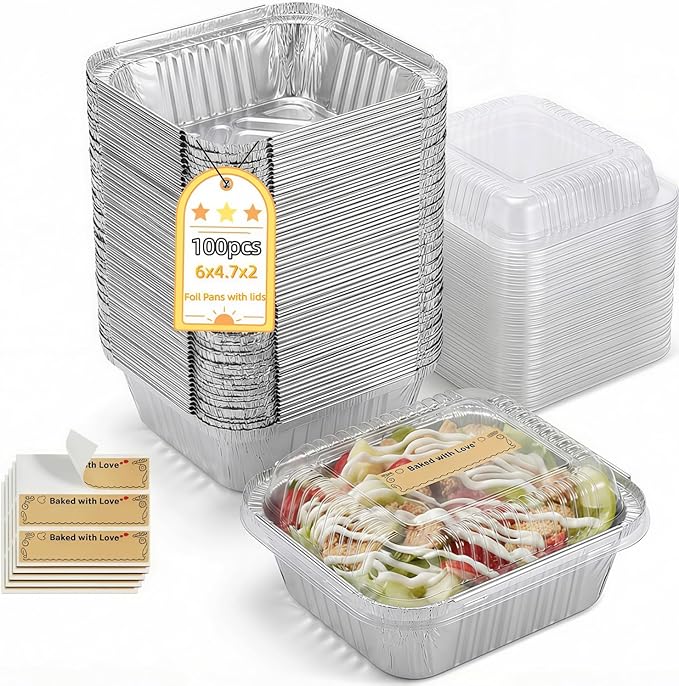 Gyeruni 100 Pack Disposable Aluminum Loaf Pans with Lids and Stickers Kit, 6" x 4.7" x 2" Small Foil Loaf Pans Disposable Mini Foil Baking Tins Trays for Food Containers/Cakes/Bread