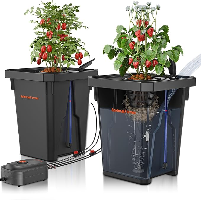 Spider Farmer DWC Hydroponics Growing System Kit 2 Buckets for Indoor Plant | 7-Gallon Deep Water Culture, New Triangular Cover Design, Recirculating Drip Gardening System with Top Drip Kit, 8W Air Pump