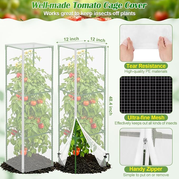 ROADPLUM 2 Pack Square Tomato Cages with 2 Plant Covers, 48" Heavy Duty Adjustable Tomato Cage for Garden, Plastic Coated Steel Pipe Stakes Trellis Plant Cages for Vegetable, Fruit, Climbing Plants