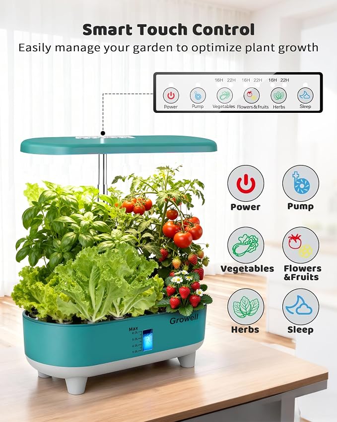 Growell 16 Pods Hydroponics Growing System Kit with 3 Light Modes & 2 Timer | Smart Water Circulation, LED Grow Light, 8L Large Water Tank, Coutertop, Indoor Herb Garden, Perfect Gardening Gifts, Green