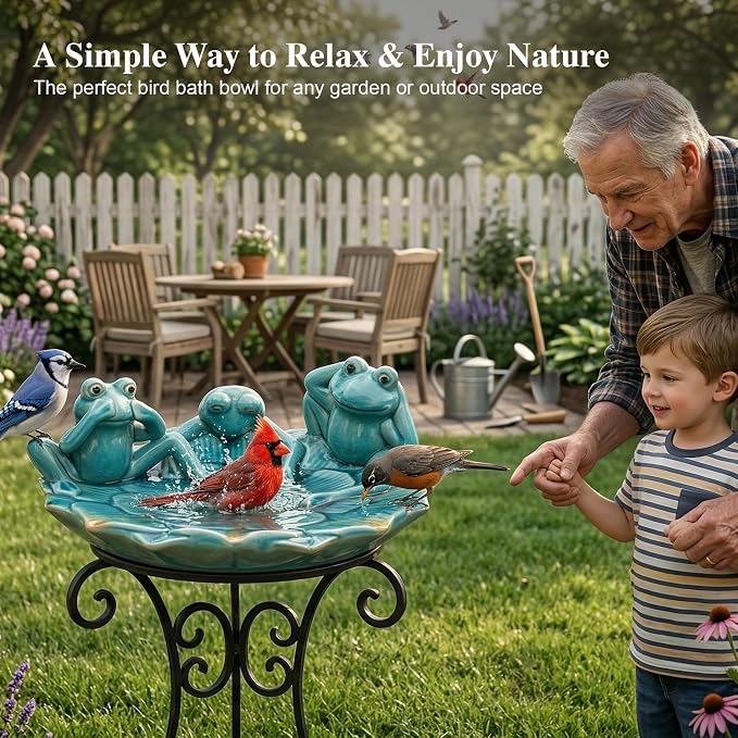 Topadorn Ceramic Bird Bath for Outside, 11.6" Frog Bird Bath with Unique Crackle Reactive Glaze, Decorative Garden Birdbath for Patio, Lawn & Backyard Decor