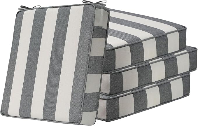 Unimatta Square Corner Seat Cushions, 19" x 19" x 3", Set of 4, Indoor Outdoor Water Repellent Universal Chair Pads with Ties for Patio Furniture, Garden Deck Dining Chairs, Gray Stripe