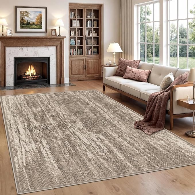 9CH Neutral Boho Area Rug 5x7, Washable Non Slip Distressed Geometric Rugs for Living Room Bedroom, Soft Low Pile Tribal Vintage Carpet