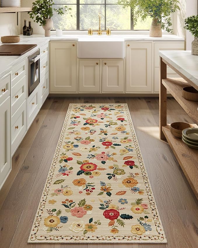 Machine Washable Rug Runners for Hallway: 2'6"x8' Kitchen Runner Rugs with Rubber Backing Non Slip Low Pile Soft Faux Wool Non Shedding Floral Carpet Runner Rug for Bedroom Entryway Living Room Indoor