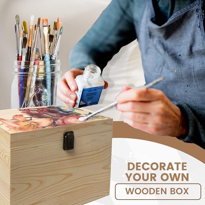 10x7x7-Inch Unfinished Wooden Box with Hinged Lid & Front Clasp for DIY Art Project Crafts Woodcraft Keepsake - Easy to Stain Paint Wood Burning