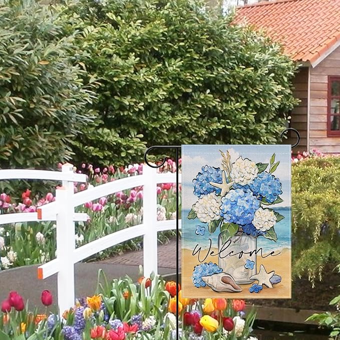 Artofy Welcome Spring Summer Flower Small Decorative Garden Flag, Hydrangea Floral Mason Jar Beach Coastal Yard Lawn Outside Decor, Nautical Conch Starfish Outdoor Home Decoration Double Sided 12 x 18