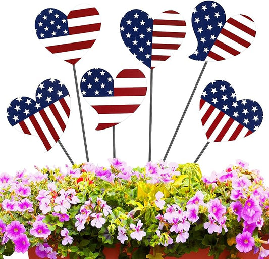Pickmesh 6 Pcs 12" H Patriotic Yard Decor 4th of July Outdoor Decor Red White Blue Heart Metal Garden Stake 250th Anniversary USA Flag American Yard Sign for Independence Day Garden Decoration