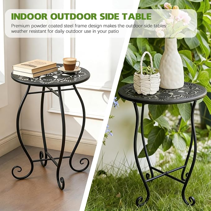 Arbuxzuy 17" Tall Round Metal Outdoor Side Tables for Patio, Decorative Black Flower Pot Stand, Rustproof Potted Holder, 120 lbs Load Capacity (4pcs)