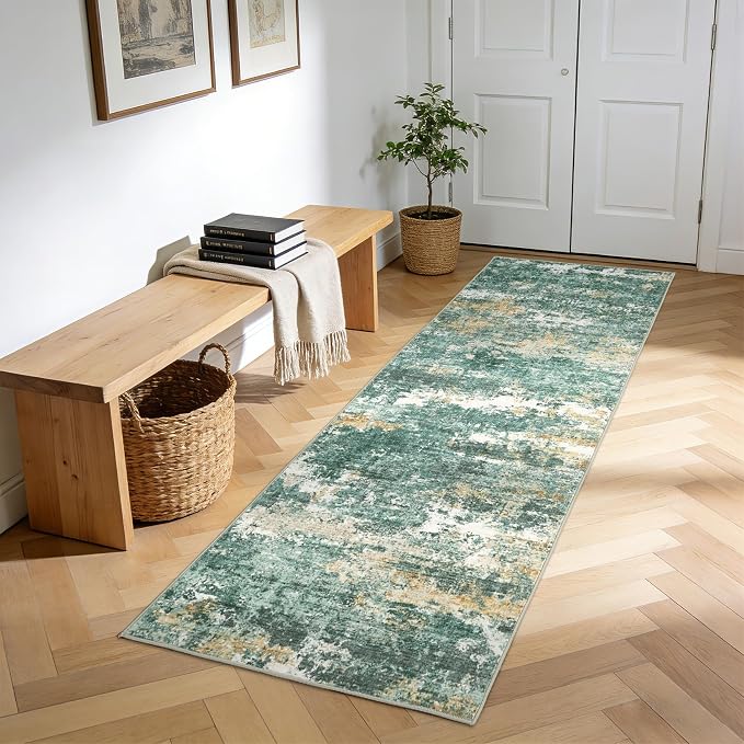 ROYHOME Abstract Runner Rugs 2x6 for Hallway Kitchen Green | Low Pile Ultra Soft Stain Resistant Non Slip Non Shedding Throw Rug for Bedroom Home Decor