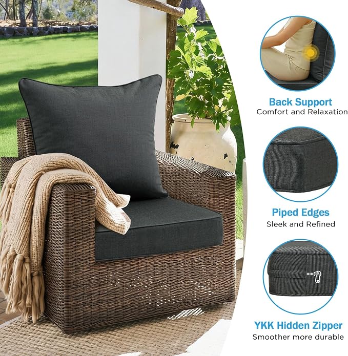 Sunbrella Outdoor Deep Seat & Back Cushion Set (2-Pack), 24 x 24 Inch Water Repellent and Fade Resistant Patio Furniture with Removable Cover for Outside Sofa Couch, Canvas Coal