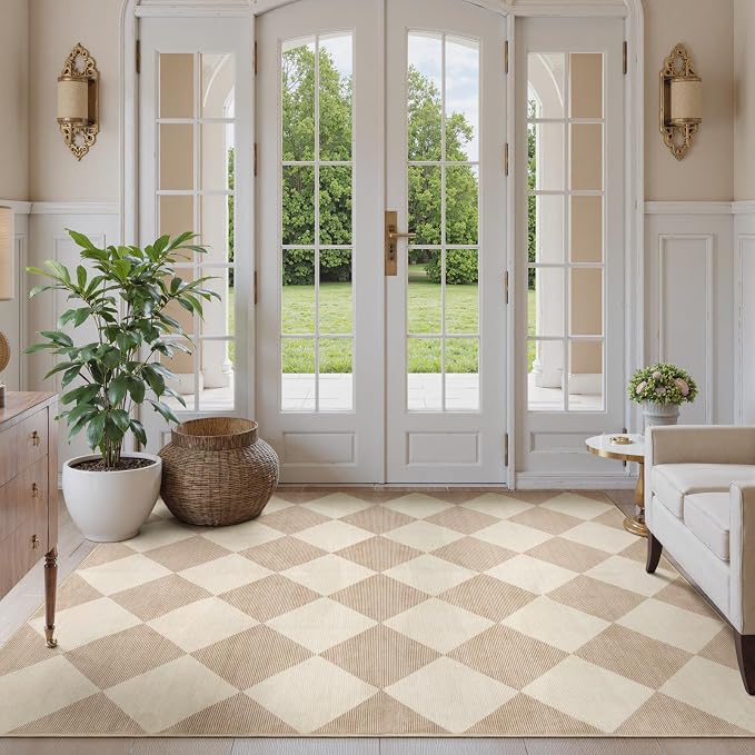Beeiva Checkered Print 5x7 Washable Area Rugs for Bedroom, Non Slip Ultra Thin Beige Rugs for Living Room, Geometric Plaid Dorm Decor Soft Low Pile Carpet for Office Kids Room Classroom