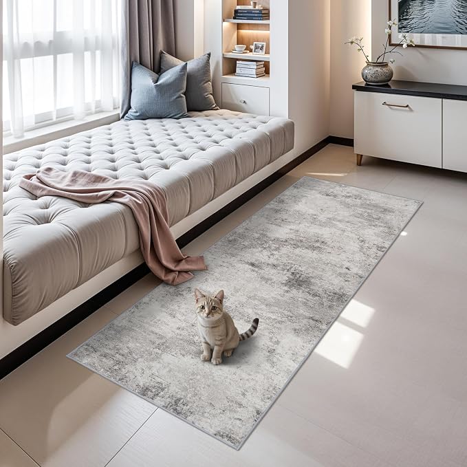 2x6 Washable Abstract Rug Runners: Hallway Non Slip Kitchen Runner Grey | Carpet Low Pile Soft Indoor Floor Mat Front Door for Bedroom Entryway Laundry