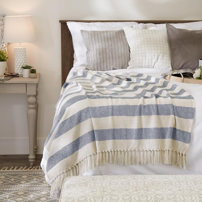 DII Rustic Farmhouse Cotton Cabana Striped Blanket Throw with Fringe, 50 x 60 - Cabana Striped Off-White with French Blue