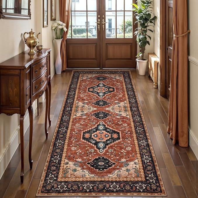 Tangsoo Vintage Orange 2x6 Washable Runner Rugs for Hallways, Non Slip | Oriental Soft Low Pile Long Rug Runner, Boho Carpet Runners for Kitchen Bedroom Entryway Bathroom Living Room Home Decor
