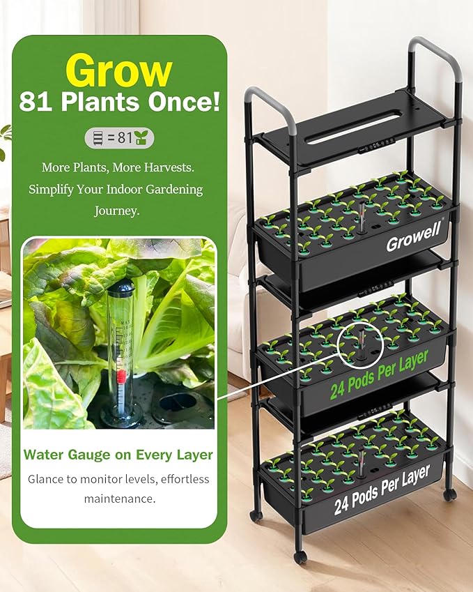 Growell 81 Pods Hydroponics Growing System Kit with Independent Water Pump | Vertical Indoor Herb Garden with 2 Light Modes & 2 Timer, Smart Water Circulation, 42L Water Tank, Movable & Space-Saving