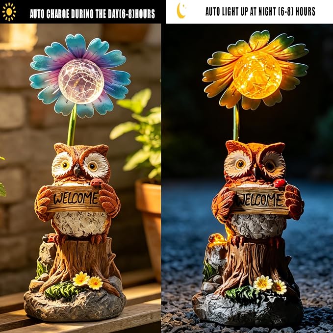 COWOS Solar Powered Owl Garden Statue with Glowing Flower Light, Hand-Painted Resin Figurine for Outdoor Patio, Yard, Lawn Decor, Gift for Nature Lovers