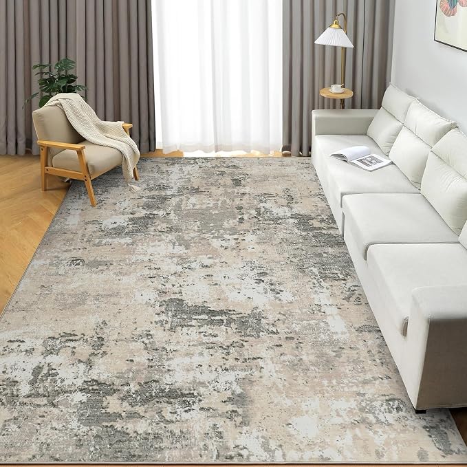 ROYHOME Modern Abstract Area Rug 10x13 Non Slip Non Shedding Rug Low Pile Stain Resistant for Bedroom Living Room,Grey Yellow