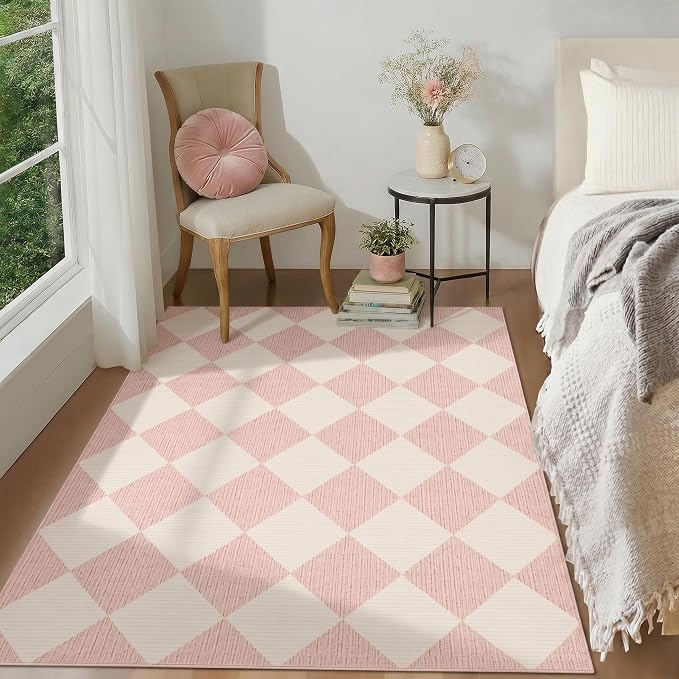 GarveeHome 3x5 Checkered Area Rug Non Slip Washable Entryway Bedroom Rug | Modern Geometric Plaid Pink Carpet Classic Throw Mat for Kitchen Bedside Kids Room Office Dining Room