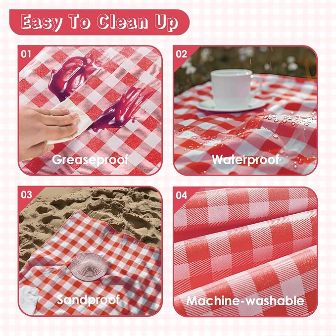 Portable Picnic Blanket, Waterproof Sandproof Foldable Outdoor Mat with Handle for Beach, Camping, Hiking, Travel, and Family Concerts, Red
