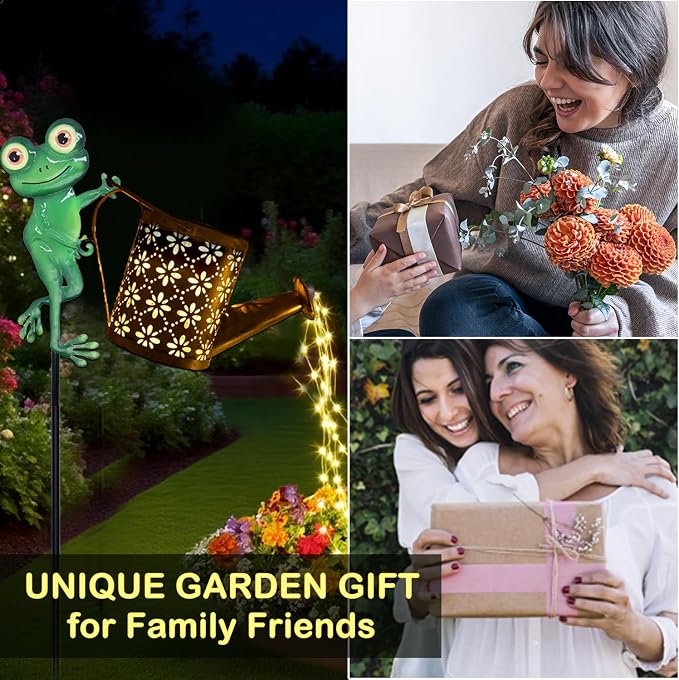 Solar Watering Can with Cascading Lights Outdoor Garden Decor, Frog Shaped Hook Gardening Gifts for Mom Women Grandma Birthday, Solar Lights for Garden Decorations Patio Yard Lawn Backyard